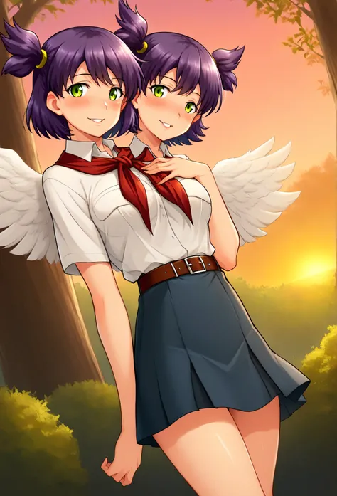 UnylIll, two side up, 1girl, two heads, conjoined, white wings, green eyes, purple hair, short hair, hair tie, (dark-skinned female:0.2), medium breasts,  
pioneer neckerchief, belt buckle, pleated skirt, pioneer movement, breast pocket, red neckerchief, w...