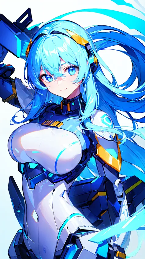 [(WHITE BACKGROUND:1.5),::5], ((((masterpiece)))), high quality, ultra_very_high_resolution, large_filesize, full color, (((solo))), (Mechanical girl), ((Blue Long hair)), skyblue eyes, anime, (upper body), Attacker type, neon light, (mecha musume:1.3), Sm...