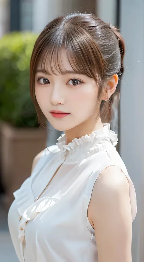 (beautiful girl、cute face、stares at viewers:1.3)、top quality,8K image、 perfect double eyelids、happy、natural color makeup、Moist lips、white skin、(low ponytail、 Strongly Blurred White Background 、blouse、 frill、sleeveless:1.3),summer