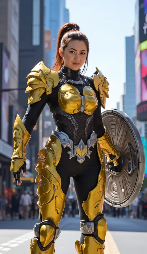 beautiful photograph of a Jessica Henwick as Brigitte, powerful warrior, futuristic heavy armor, standing, in the middle of a modern city street, vibrant gold. metallic silver, and black, glowing blue energy elements embedded in her shield and battle gear,...