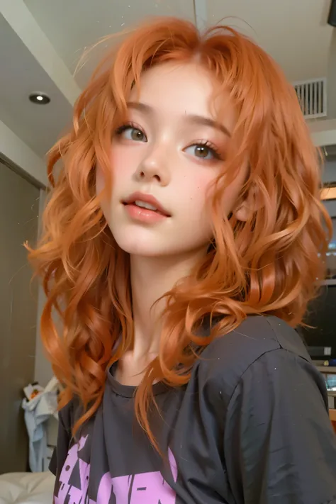 a close up of a woman with red hair and a black shirt, curly copper colored hair, with curly red hair, wavy red hair, red curly hair, curly red hair, with long curly hair, orange hair, curly blonde hair | d & d, flowing red hair, red hair cacheado, wild...