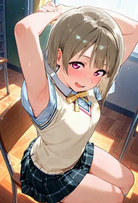 nakasu kasumi, asymmetrical hair, short hair, small breasts, single sidelock,
short sleeves, sweater vest, summer uniform, nijigasaki academy school_uniform,
,BREAK, armpit, arms over head, focus on armpit,
smile, ,scorn,open mouth, (cheerful),looking dow...