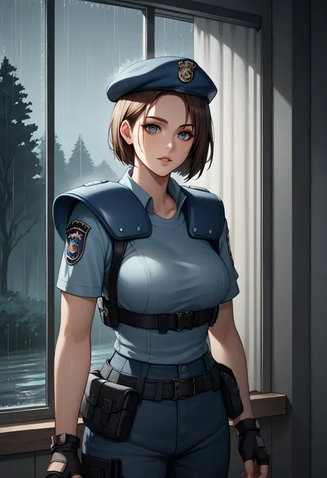 score_9, score_8_up, score_7_up, score_6_up, source_anime, BREAK masterpiece,   JillSTARS, brown hair, bob cut, short hair,beret, shoulder holster, police uniform, fingerless gloves, night, dilapidated, indoors, furniture, large window, trees, shadows, lea...