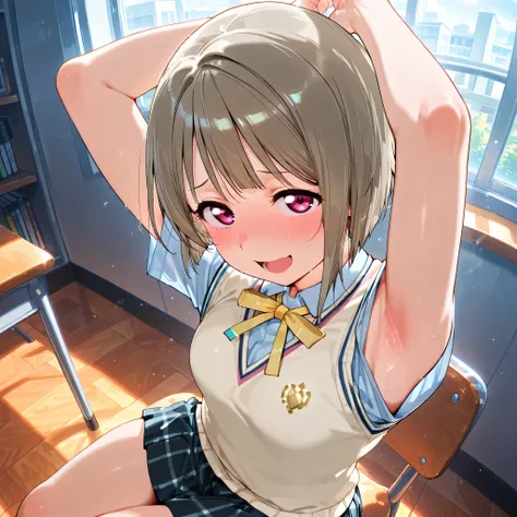 nakasu kasumi, asymmetrical hair, short hair, small breasts, single sidelock,
short sleeves, sweater vest, summer uniform, nijigasaki academy school_uniform,
,BREAK, armpit, arms over head, focus on armpit,
smile, ,scorn,open mouth, (cheerful),looking dow...