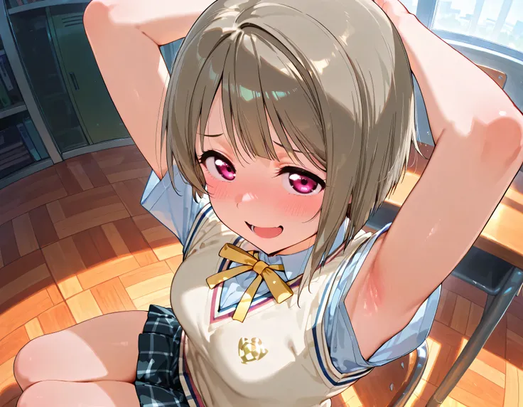 nakasu kasumi, asymmetrical hair, short hair, small breasts, single sidelock,
short sleeves, sweater vest, summer uniform, nijigasaki academy school_uniform,
,BREAK, armpit, arms over head, focus on armpit,
smile, ,scorn,open mouth, (cheerful),looking dow...