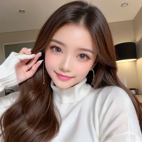 ((highest quality, Tabletop, Ultra-high resolution、The most complex and detailed depiction))、(Very bright lighting:1.1)、(Long Wavy Hair:1.05), (Accurate anatomy:1.1)、colored contact lenses、Perfect Makeup、Long eyelashes、lipstick、Highly saturated eyeshadow、P...