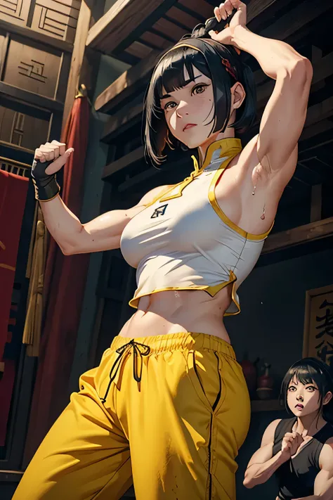 female、 Kung Fu Master、realistic、ruins、defeat、fighting pose、 bullish expression、sweat、A body covered in wounds、Bloodstain、(bob cut)、headband、(yellow shabby Chinese clothes)、gloves、( black hair)、 trained biceps 、ragged jogger pants