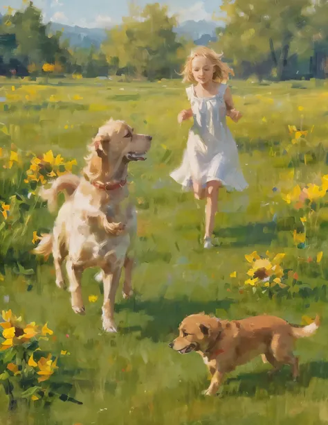 In a field of flowers, under the warm and bright sun, a young girl runs carefree, accompanied by her faithful dog. Her blonde hair flutters in the wind, while her light dress sways with her movements. The dog, a lively golden retriever, runs alongside her,...