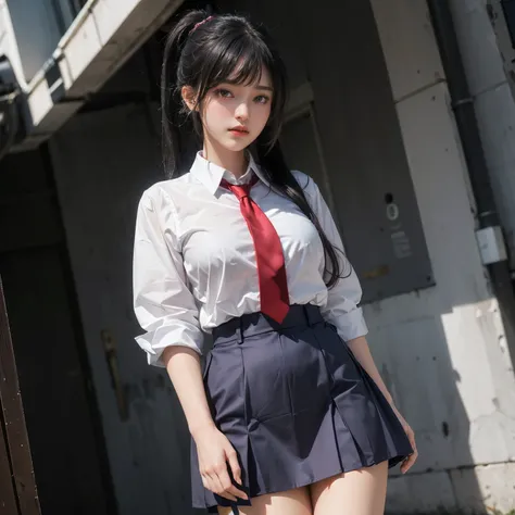 ((masterpiece)), ((best quality)), ((ultra-detailed)),((hyperrealistic)),shiny skin,1girl,solo,(((swept bangs))),hair intakes ,((black hair)),long hair,straight hair,ponytail,(sidelocks,sideburns),((dark purple eyes)),big breasts,,,(school uniform,red tie)...