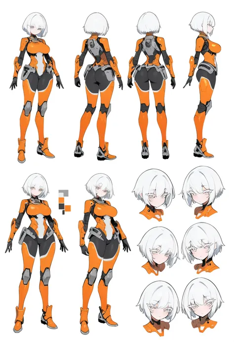 (character model sheet, amazing quality,  illustration, Very awa , newer, absurdres) a girl, thick eyelashes, short hair,  white hair ,  front angle , full body, mechanics, body, orange futuristic armor, cybernetics, volumetric natural lighting, White back...