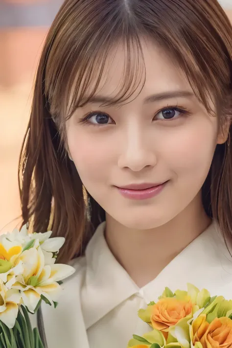 (((Happy holding a bouquet,bouquet,  Colorful Flowers々, Now))),cinematic dynamic photography,( surreal, high definition), (very fine eyes, highly detailed hair, highly detailed faces, very detailed plump lips，perfect anatomy),(top quality:1.4), RAW photo,(...