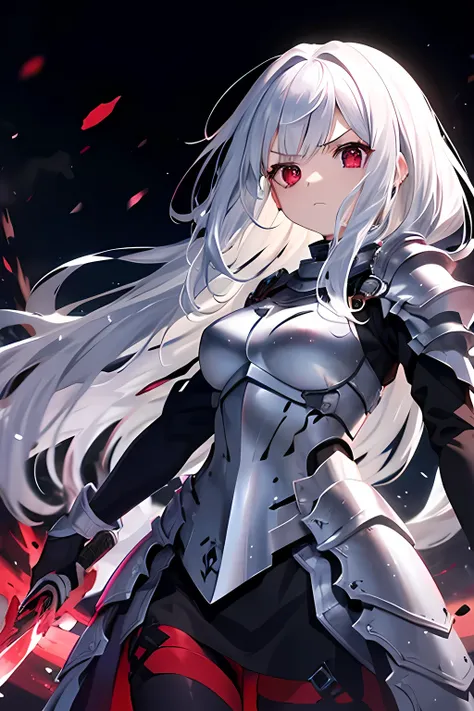 one girl、 Silver Hair、long hair、red eyes、scowl the person、armor、holding a sword、inflammation、top quality、anime style。