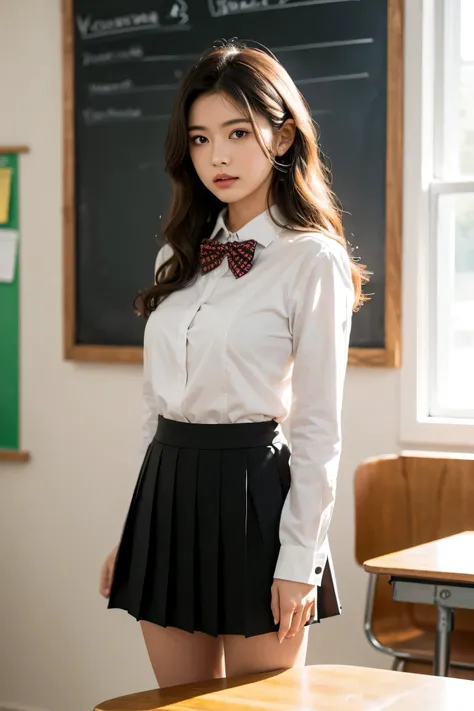 The image shows a young woman standing in a classroom. She is wearing a white button-up shirt with a red and black checkered bow tie, and a pleated black skirt. Her hair is long and wavy, and she is standing in front of a green chalkboard. In the backgroun...