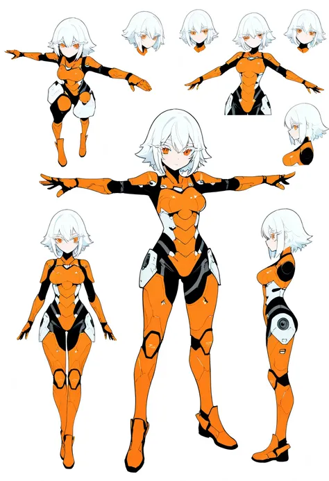 (character model sheet, amazing quality, illustration, textures , newer, absurdres) a girl, thick eyelashes, orange eyes, short hair, white hair , front angle, t-pose, full body, mechanics, body, orange futuristic armor, fubuki mask cybernetics, volumetric...