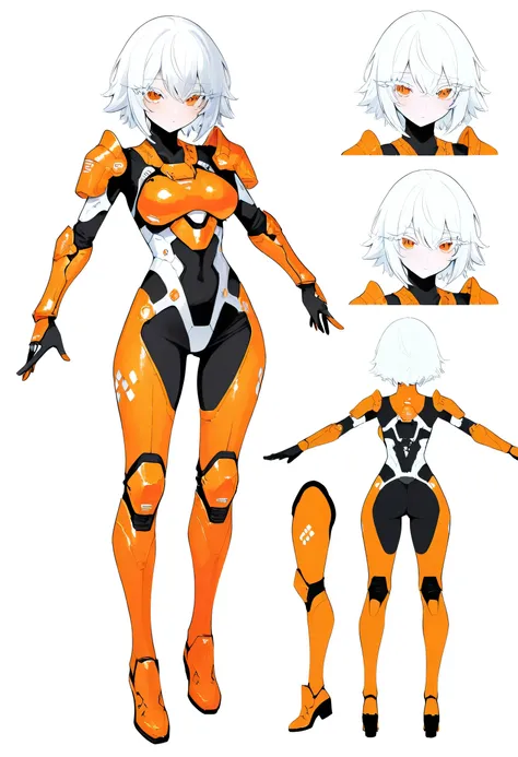 (character model sheet, amazing quality, illustration, textures , newer, absurdres) a girl, thick eyelashes, orange eyes, short hair, white hair , front angle, t-pose, full body, mechanics, body, orange futuristic armor, fubuki mask cybernetics, volumetric...