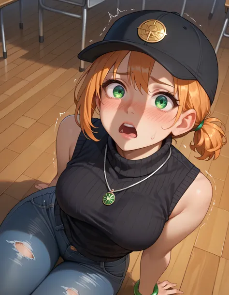 adult, female, young, beautiful, beige skin, light orange hair, short hair, lush hair, low side ponytail, two curls falls on face, bright green eyes, tall, curvy thighs, curvy hips, thin waists, middle breasts, big ass, skinny, detailed eyes, detailed face...