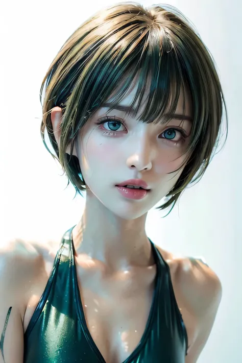 (masterpiece:1.4), (8k, photorealistic, RAW photo, best quality: 1.4), ultra high res, ultra realistic, highly detailed, golden ratio, (one woman:1.6), 25 years old, slender ,realistic face, (green short hair:1.5), (pixie cut:1.2) ,(parted bangs:1.5) ,beau...