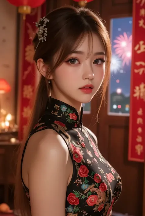 Cat ears、 face up, attractive, pretty girl, ponytail、few beautiful lady hair decorations, (( fine facial features , eroticism)), dramatic lighting , realistic , 8k, Dramatic Shadows , intricate and elaborate patterns , super detailed photo , chiaroscuro li...