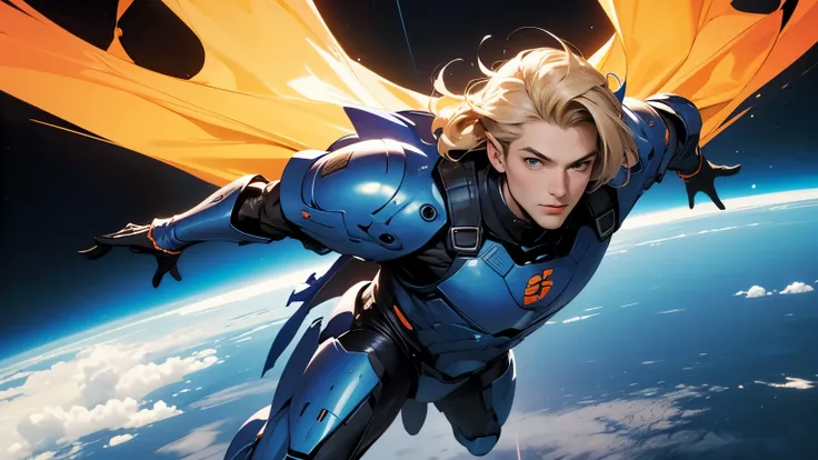 A man flying at high speed in the sky. A very handsome man. Late twenties. Blonde hair and blue eyes. He wears futuristic black armor.