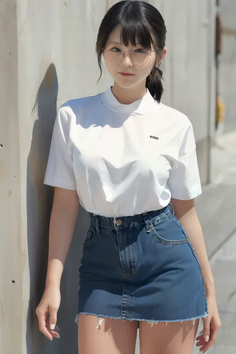 full body shot、30-year-old Japanese woman、glasses、low ponytail、bungs、denim skirt、WhiteT shirt、small breasts、 (( No Background ))