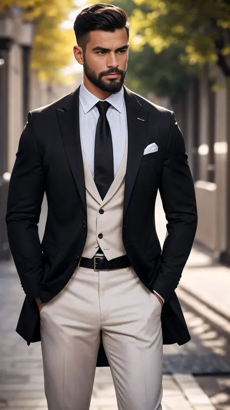 A close-up shot of a single male figure, standing with confidence and looking directly at the viewer. He sports short, dark hair and wears a white collared shirt under a black blazer with open clothes revealing his formal attire. A black necktie and belt c...