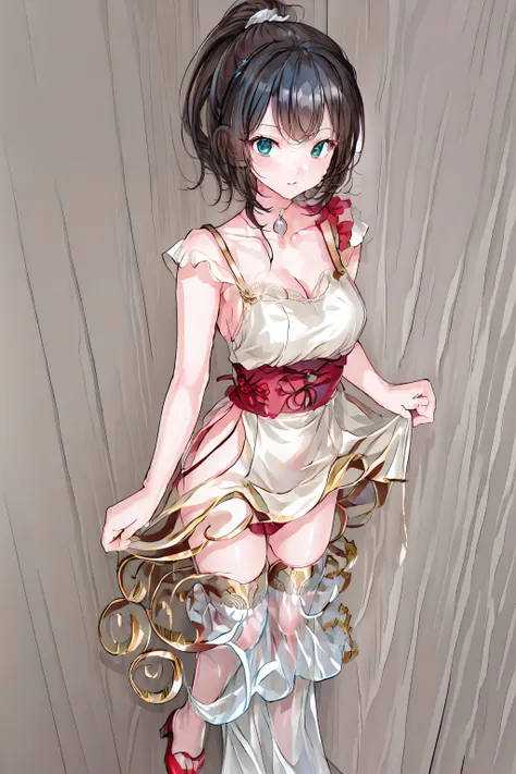 (top quality)、(top quality)、cute、(choker). emerald eyes、(ponytail)、(black hair)、(backless dress).(navy blue lace dress).