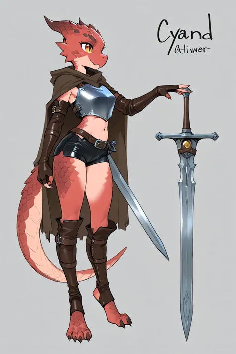 Kobold, female, long, pointed scales, sexy, leather and steel adventurer set, a long falchion at waist, normal breasts, cyan kobold, steel breastplate, leather elbow gloves, leather mini shorts, high leg shorts, cloak, fingerless gloves, long leather leg w...