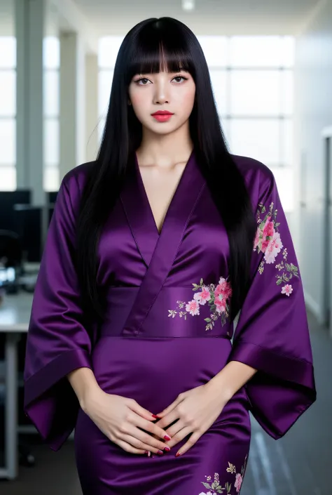 A beautiful woman, in the office,, front facing, using yukata long purple satin material floral pattern, Big Boobs, red lips, black hair