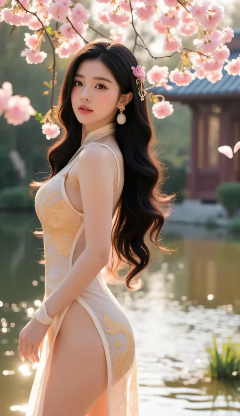 (1girl:1.4), (ultra detailed:1.4), (hyper realistic:1.3), (cinematic composition:1.4), (soft ambient lighting:1.3), (golden hour glow:1.3), (ancient Chinese garden with koi pond:1.4), (delicate cherry blossoms falling:1.3), (intricate wooden pagoda in back...