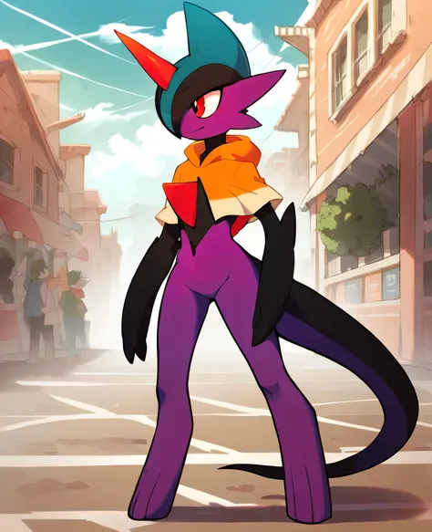 Best quality, rental, highly detailed, score_7_up, score_8_up, score_9_up, gallade, a girl, female, solitary, wild, black eyes, dark blue pupil, black hair, black body, purple body, Pokémon (creature), golden unicorn horns, anthropomorphic, dinosaur tail, ...