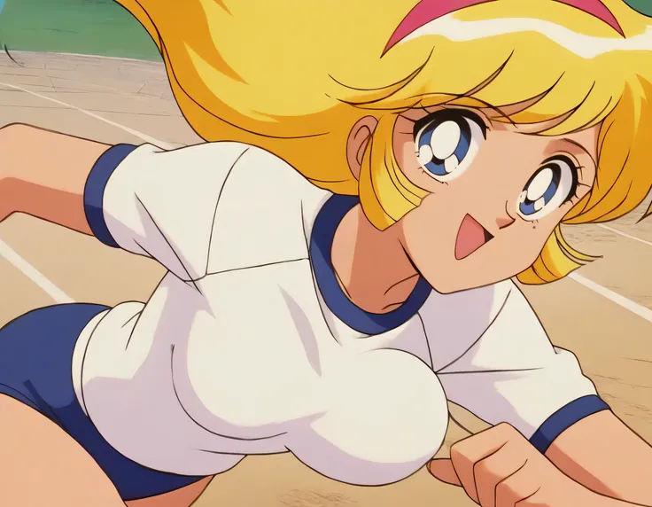 masterpiece,best quality,very aesthetic,highres, KisaragiHoney, 1girl, solo, blonde hair, long hair, blue eyes,smile,medium breasts,(bouncing breasts),hairband,((white shirt)),navy buruma,((running)),outdoor, looking at viewer,cowboy shot,retro artstyle, a...