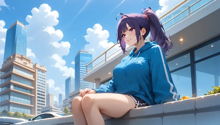 "A girl with a nice body and nice breasts sits elegantly on a high-rise balcony café with a breathtaking view of the city skyline. Her purple hair is styled into a sleek high ponytail, and she wears a designer cropped hoodie and form-fitting joggers. The c...