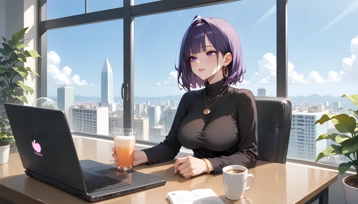 "A girl with a nice body and nice breasts relaxes in a sleek, modern café. Her purple hair falls over her shoulders as she leans back in her chair, wearing a fitted black turtleneck and tailored pants. A laptop and a cup of cappuccino are neatly arranged o...