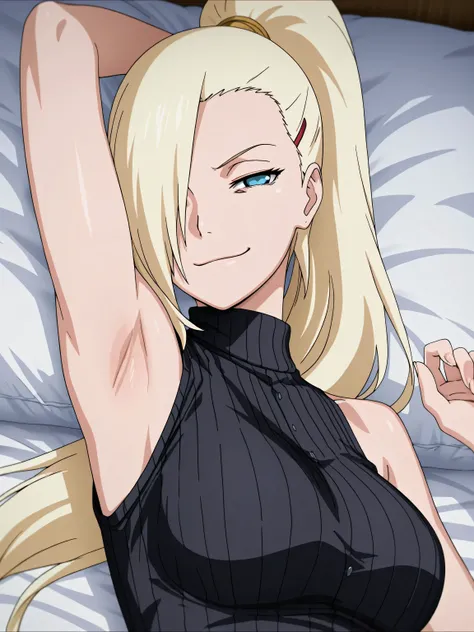 masterpiece, best quality, amazing quality, front light, anime screencap, 1girl, solo, InoShipuuden, blonde hair, high ponytail, hair over one eye, black sweater, sleeveless sweater, ribbed sweater, turtleneck, breasts, blue eyes, bare shoulders, bare arms...