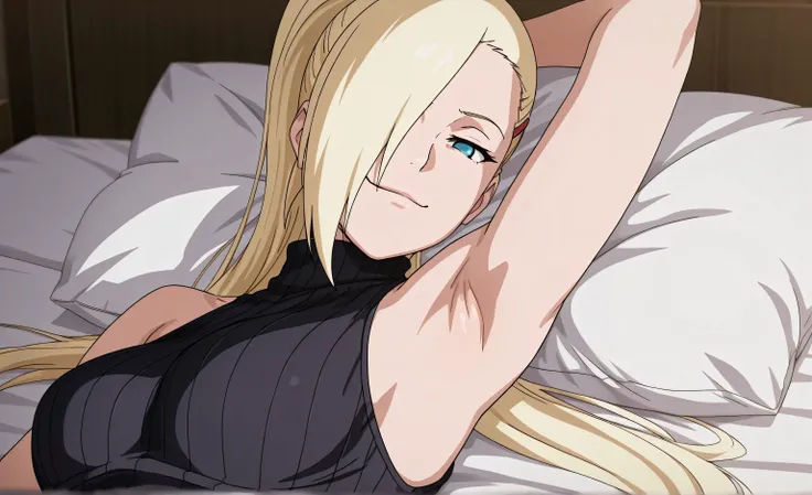 masterpiece, best quality, amazing quality, front light, anime screencap, 1girl, solo, InoShipuuden, blonde hair, high ponytail, hair over one eye, black sweater, sleeveless sweater, ribbed sweater, turtleneck, breasts, blue eyes, bare shoulders, bare arms...