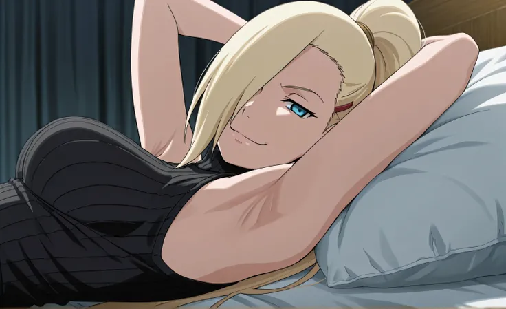 masterpiece, best quality, amazing quality, front light, anime screencap, 1girl, solo, InoShipuuden, blonde hair, high ponytail, hair over one eye, black sweater, sleeveless sweater, ribbed sweater, turtleneck, breasts, blue eyes, bare shoulders, bare arms...