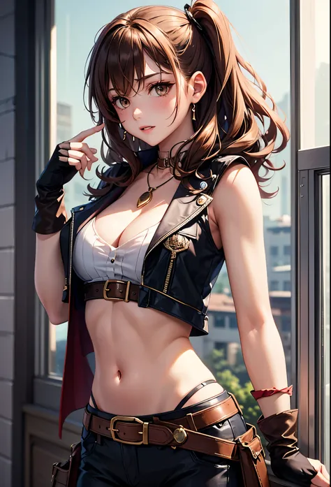 Helena Harper Survivor, girl around her neck, fingerless gloves, brown hair, chest元, chest, , belt, midriff, brown eyes, vest, cowboy shooting