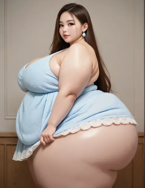 Young sexy beautiful massive Korean girl in a dress obese massive thighs side view