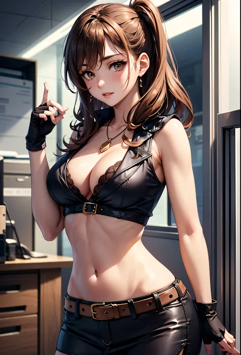 Helena Harper Survivor, girl around her neck, fingerless gloves,  beautiful brown hair , Captivating chest, medium boobs,Beautiful breasts,very short tight skirt over the office,seductive thighs, belt, midriff, brown eyes, vest, cowboy shooting