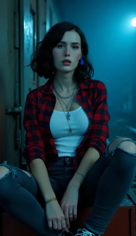 A full body frontal shot of a beautiful woman with dark wavy hairstyle, ((very pale skin)), thinking, sitting on the side of a cargo cart on a moving train, dressed in a pure white tshirt, unbuttoned red collar shirt checkered with black, rolled up sleeves...