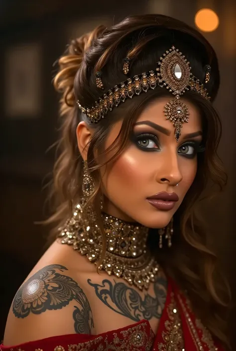 (photorealism:1.2), The Seductive Persian Queen, (best quality,4k,8k, high res, masterpiece:1.2), ultra-detailed, realistic, tattoos, flash photography, dark nightclub, high saturation, bold colors, dramatic lighting, realistic, intricate details, warm col...
