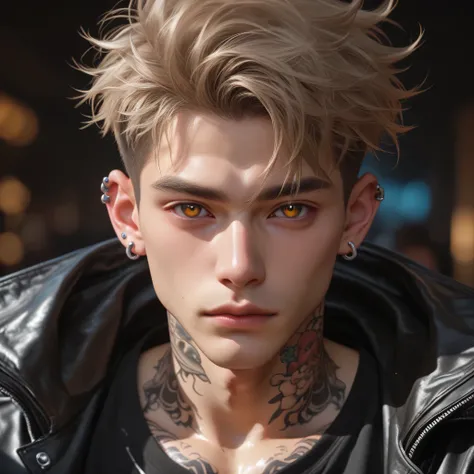 Handsome, young, Asian, Korean idol, light brown hair, honey eyes, fair skin, tattoos on white skin, piercing in ears, wearing clothes an oversized black leather jacket, in a dark nightclub