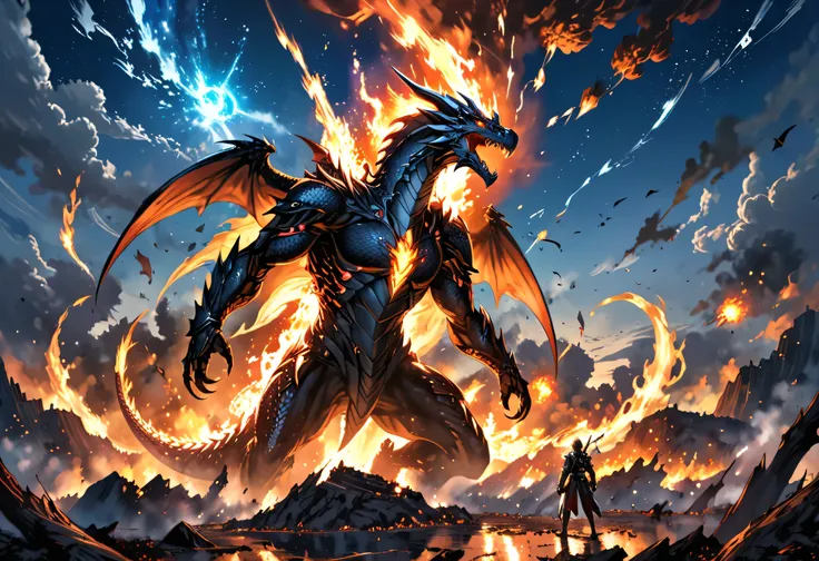 The final moments of the great battle in the sky, where Bahamut(dragon) is destroyed by a massive energy explosion. Hero kneels, his sword planted in the ground, exhausted but victorious. (((ultra high res))), (((8k))), ((best quality)), (masterpiece), bea...