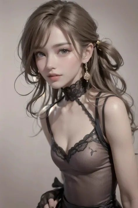 1girl,face,curly hair,light brown hair,white background,small breasts, (1. Beautiful Woman, Supermodel), (Perfect Anatomy), Anatomically correct body shape, (Cowboy Shot), Golden Ratio, (Best Quality:1.4), 32k resolution, (Realistic:1.5), (超Realistic:1.5),...