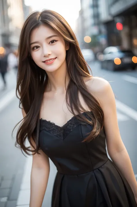 ((best quality, 8k, masterpiece :1.3)), 1 girl, smiling, whole body, face slimming, pretty Woman, (Dark brown hair), full length dress :1.1, Super detailed faces, delicate eyes, double eyelids, blurred background, face slimming, City, external, street,