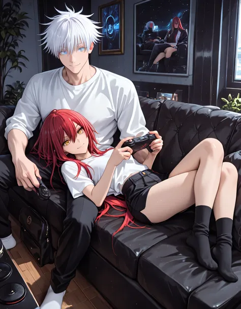 couch sharing, gaming,  Shana , sitting, on back, GOLDEN eyes, red hair, long hair, pants,  socks, detailed background, gojou satoru, jujutsu kaisen, white hair, short hair, smile, sexy man, handsome, mature man, cool, high fashion, blue eyes, white shirt,...