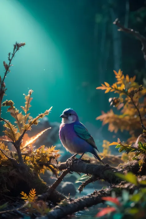A vividly colored bird perched on a textured tree branch, surrounded by a surreal, dreamlike forest. The bird's feathers shimmer in shades of electric blue, deep purple, fiery red, and emerald green, creating an almost iridescent effect. The environment is...