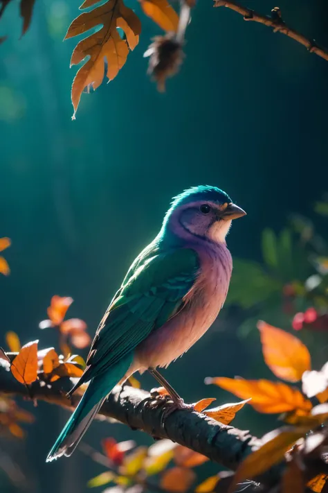 A vividly colored bird perched on a textured tree branch, surrounded by a surreal, dreamlike forest. The bird's feathers shimmer in shades of electric blue, deep purple, fiery red, and emerald green, creating an almost iridescent effect. The environment is...