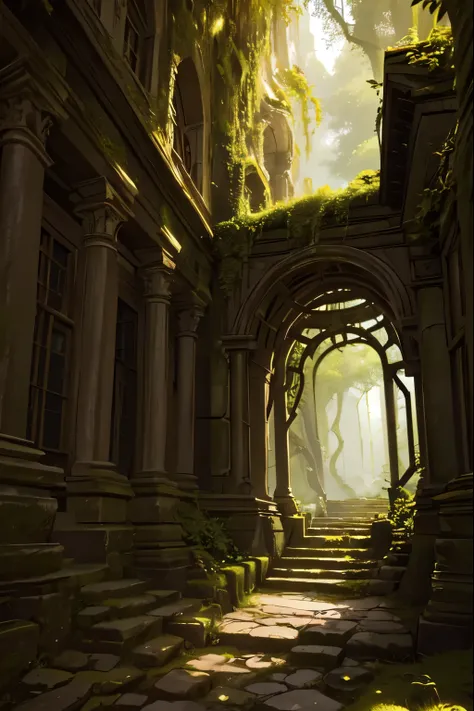 a secret place, detailed fantasy landscape, beautiful serene forest, mysterious hidden clearing, lush green foliage, sunlight filtering through trees, ancient stone ruins, overgrown with vines,moss-covered steps, intricate carved archways, ornate stone car...
