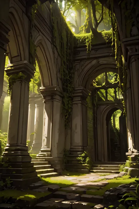 a secret place, detailed fantasy landscape, beautiful serene forest, mysterious hidden clearing, lush green foliage, sunlight filtering through trees, ancient stone ruins, overgrown with vines,moss-covered steps, intricate carved archways, ornate stone car...